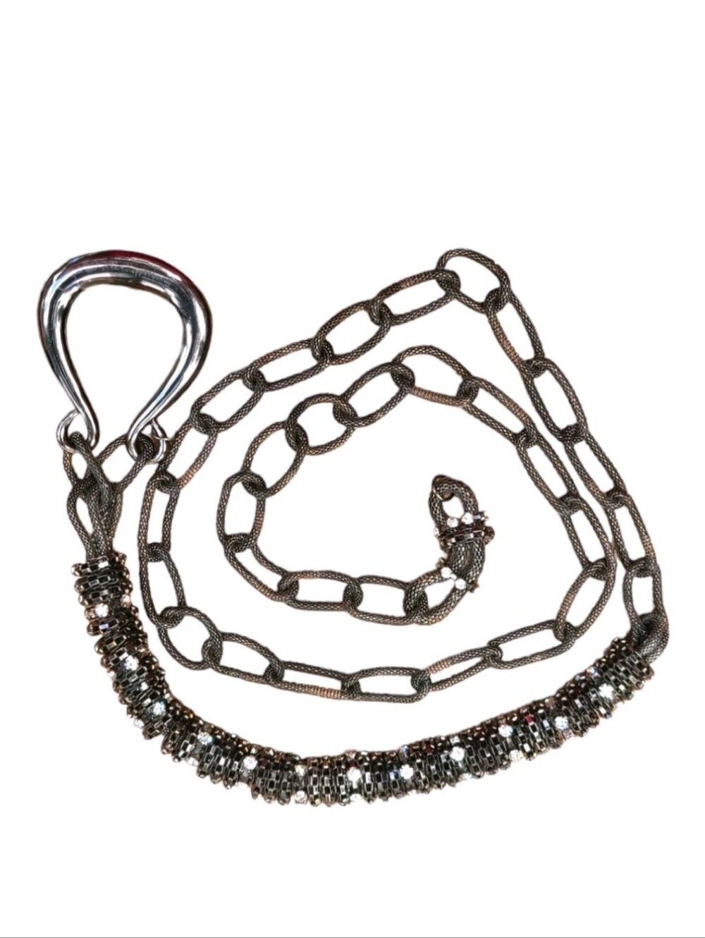 Chicos Rhinestone Laden Chain Belt Gunmetal Gray Chunky Adjustable 90s